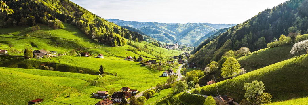 A panoramic view of a mountain village in the Black Forest