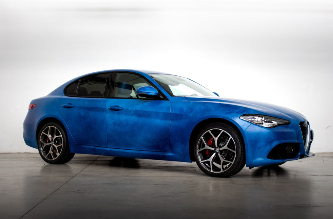 Exterior shot of a blue Alfa Romeo Giulia