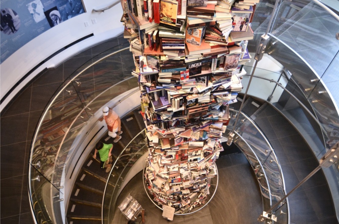 The tower of Lincoln books at the Center for Education and Leadership. Photo by Gary Erskine.