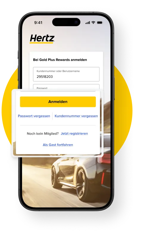 Ein-Klick-Registrierung mit der Autovermietung app Ein-Klick-Anmeldung