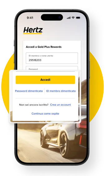 Accesso con un clic all'app di noleggio auto Hertz Accesso con un solo tocco