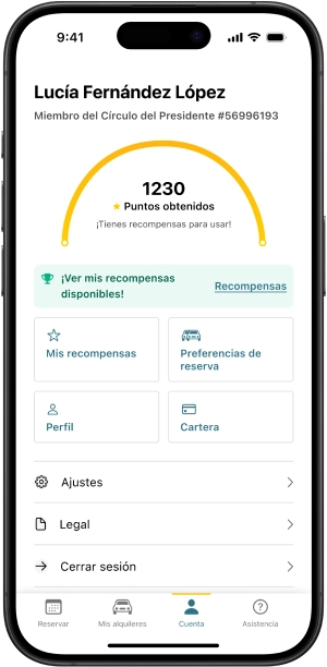 Cuenta de la aplicación de alquiler de coches